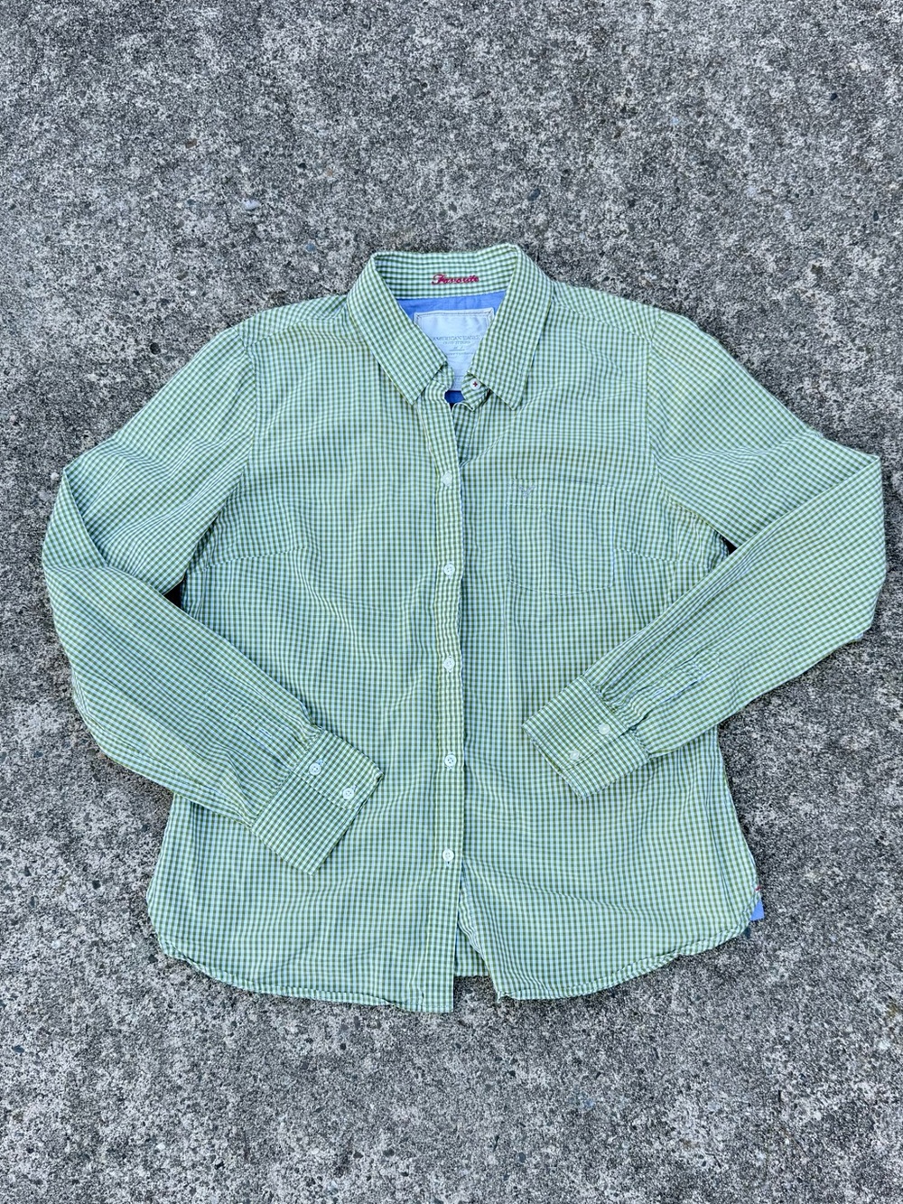 Vintage American Eagle Green Gingham Button Down Shirt Size 14 Y2K Cottagecore